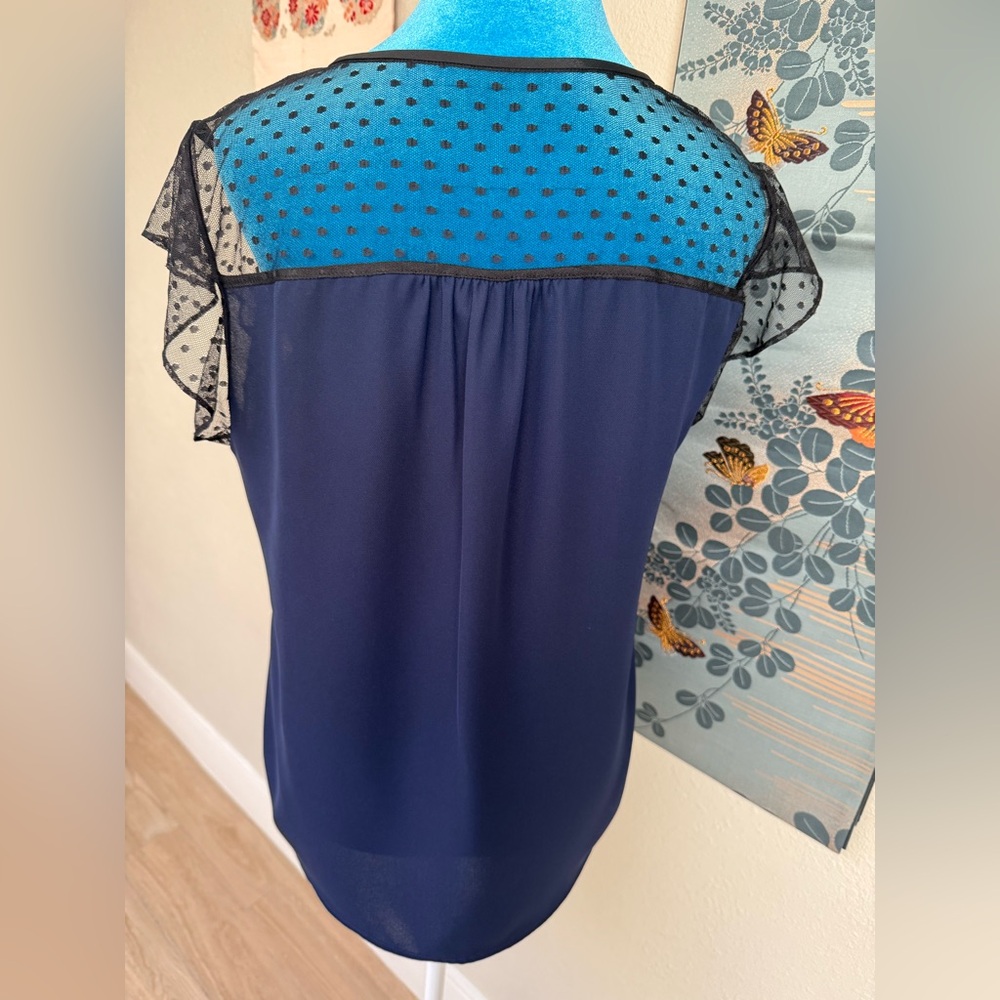 J. Crew Navy Blue Sheer Polka Dot Flutter Sleeve Blouse - Dry Cleaned - Picture 2 of 7